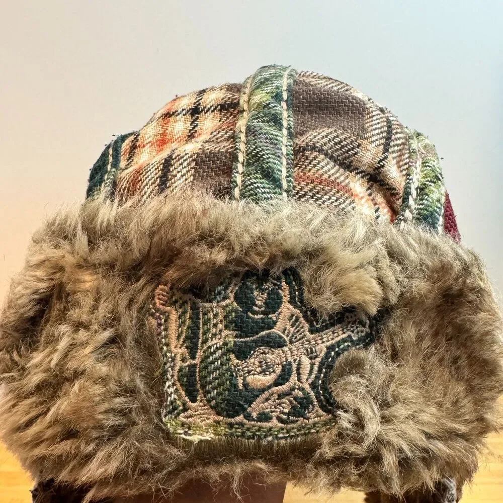 Vintage Y2K True Religion Patchwork Plaid Faux Fur Trapper Aviator Hat OS